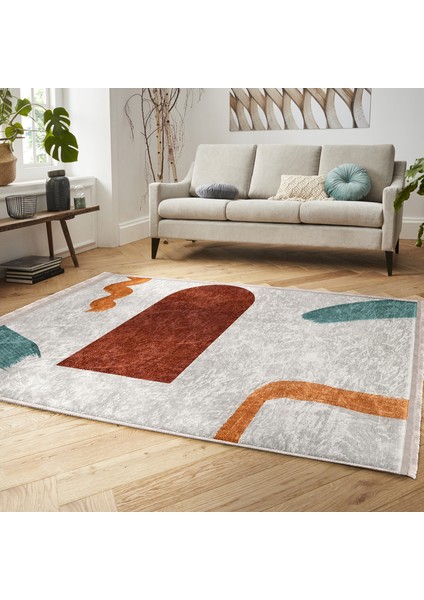 Kiremit - Turkuaz Zeminde Modern Sanat Motifli Tablo Desenli Bohem Klasik Salon & Oturma Odası Dış Mekan & Outdoor Dijital Baskılı Makinede Yıkanabilir Kaymaz Taban Saçaklı Halı