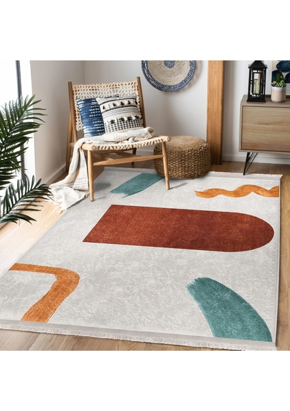 Kiremit - Turkuaz Zeminde Modern Sanat Motifli Tablo Desenli Bohem Klasik Salon & Oturma Odası Dış Mekan & Outdoor Dijital Baskılı Makinede Yıkanabilir Kaymaz Taban Saçaklı Halı modelleri