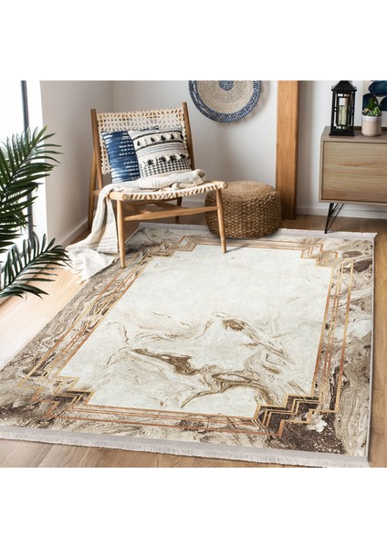 Bej Zeminde Çerçeveli Motifli Mermer Desenli Geometrik Vintage Salon & Oturma Odası Dış Mekan & Outdoor Dijital Baskılı Makinede Yıkanabilir Kaymaz Taban Saçaklı Halı