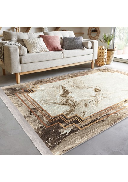 Bej Zeminde Çerçeveli Motifli Mermer Desenli Geometrik Vintage Salon & Oturma Odası Dış Mekan & Outdoor Dijital Baskılı Makinede Yıkanabilir Kaymaz Taban Saçaklı Halı