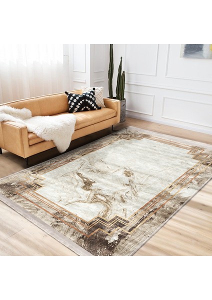 Bej Zeminde Çerçeveli Motifli Mermer Desenli Geometrik Vintage Salon & Oturma Odası Dış Mekan & Outdoor Dijital Baskılı Makinede Yıkanabilir Kaymaz Taban Saçaklı Halı