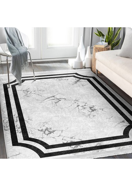 Siyah - Gri Zeminde Çerçeveli Motifli Mermer Desenli Geometrik Klasik Salon & Oturma Odası Dış Mekan & Outdoor Dijital Baskılı Makinede Yıkanabilir Kaymaz Taban Saçaklı Halı