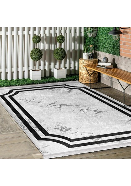 Siyah - Gri Zeminde Çerçeveli Motifli Mermer Desenli Geometrik Klasik Salon & Oturma Odası Dış Mekan & Outdoor Dijital Baskılı Makinede Yıkanabilir Kaymaz Taban Saçaklı Halı