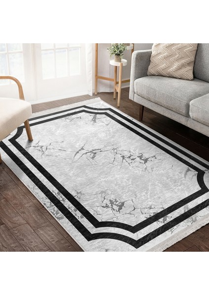 Siyah - Gri Zeminde Çerçeveli Motifli Mermer Desenli Geometrik Klasik Salon & Oturma Odası Dış Mekan & Outdoor Dijital Baskılı Makinede Yıkanabilir Kaymaz Taban Saçaklı Halı