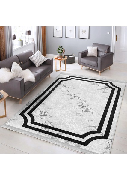 Siyah - Gri Zeminde Çerçeveli Motifli Mermer Desenli Geometrik Klasik Salon & Oturma Odası Dış Mekan & Outdoor Dijital Baskılı Makinede Yıkanabilir Kaymaz Taban Saçaklı Halı