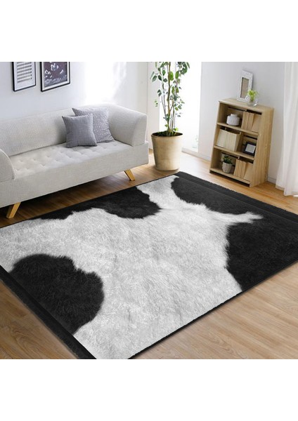 Siyah - Beyaz Zeminde Post Motifli Kürk Desenli Sade & Şık Klasik Salon & Oturma Odası Dış Mekan & Outdoor Dijital Baskılı Makinede Yıkanabilir Kaymaz Taban Saçaklı Halı modelleri