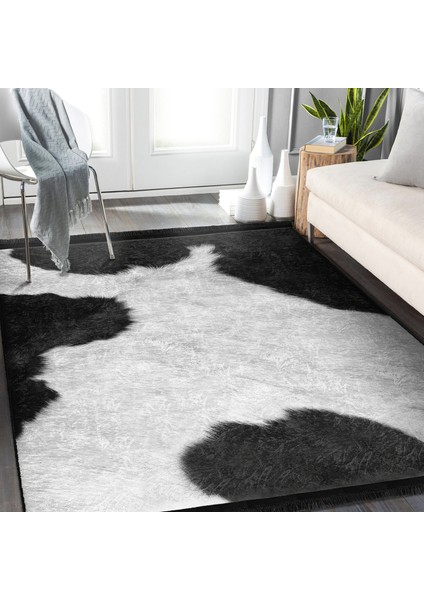 Siyah - Beyaz Zeminde Post Motifli Kürk Desenli Sade & Şık Klasik Salon & Oturma Odası Dış Mekan & Outdoor Dijital Baskılı Makinede Yıkanabilir Kaymaz Taban Saçaklı Halı indirimleri