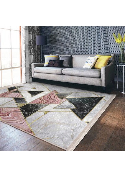 Mermer Zeminde Üçgen Motifli Geometrik Desenli Geometrik Sade & Şık Mutfak Banyo Dijital Baskılı Makinede Yıkanabilir Kaymaz Taban Saçaklı Halı