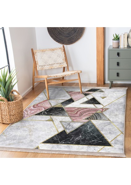 Mermer Zeminde Üçgen Motifli Geometrik Desenli Geometrik Sade & Şık Mutfak Banyo Dijital Baskılı Makinede Yıkanabilir Kaymaz Taban Saçaklı Halı