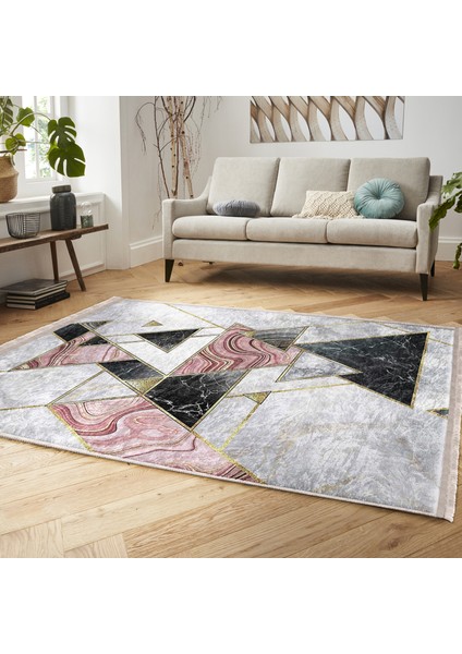 Mermer Zeminde Üçgen Motifli Geometrik Desenli Geometrik Sade & Şık Mutfak Banyo Dijital Baskılı Makinede Yıkanabilir Kaymaz Taban Saçaklı Halı