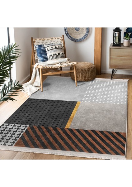 Gri Zeminde Geometrik Motifli Kazayağı Desenli Geometrik Modern Salon & Oturma Odası Ofis Dijital Baskılı Makinede Yıkanabilir Kaymaz Taban Saçaklı Halı fiyatları