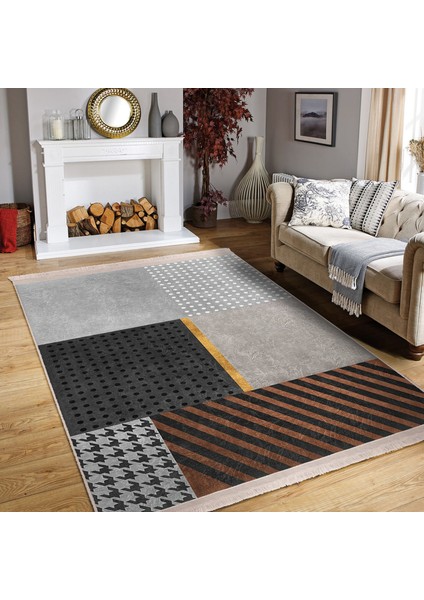 Gri Zeminde Geometrik Motifli Kazayağı Desenli Geometrik Modern Salon & Oturma Odası Ofis Dijital Baskılı Makinede Yıkanabilir Kaymaz Taban Saçaklı Halı modelleri
