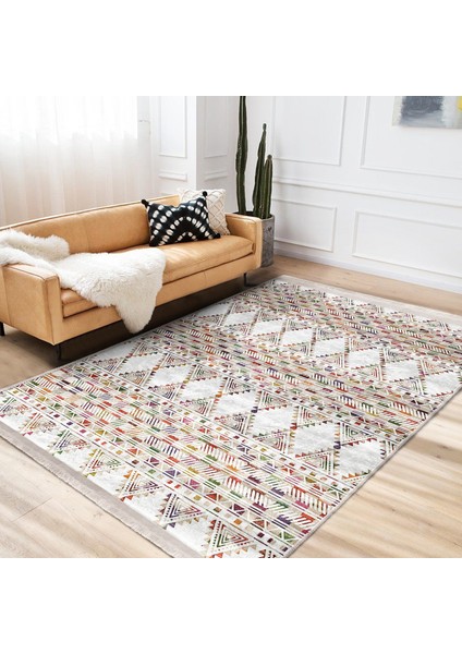 Beyaz Zeminde Etnik Motifli Kilim Desenli Geometrik Etnik Motifler Salon & Oturma Odası Koridor & Antre Dijital Baskılı Makinede Yıkanabilir Kaymaz Taban Saçaklı Halı fiyatları