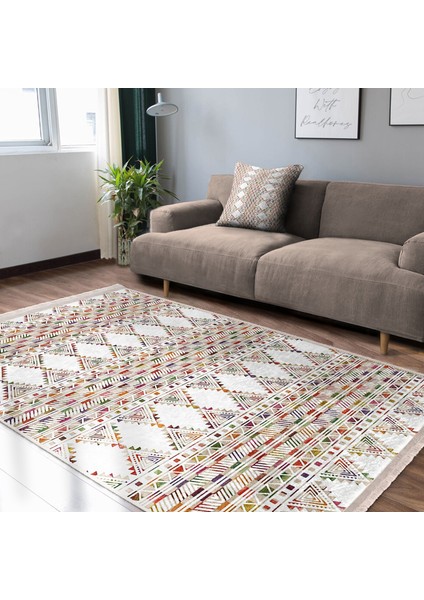 Beyaz Zeminde Etnik Motifli Kilim Desenli Geometrik Etnik Motifler Salon & Oturma Odası Koridor & Antre Dijital Baskılı Makinede Yıkanabilir Kaymaz Taban Saçaklı Halı modelleri