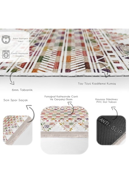 Beyaz Zeminde Etnik Motifli Kilim Desenli Geometrik Etnik Motifler Salon & Oturma Odası Koridor & Antre Dijital Baskılı Makinede Yıkanabilir Kaymaz Taban Saçaklı Halı fırsatları