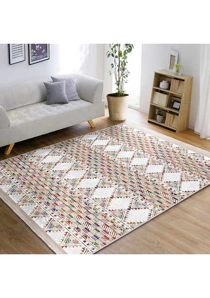Beyaz Zeminde Etnik Motifli Kilim Desenli Geometrik Etnik Motifler Salon & Oturma Odası Koridor & Antre Dijital Baskılı Makinede Yıkanabilir Kaymaz Taban Saçaklı Halı indirimleri