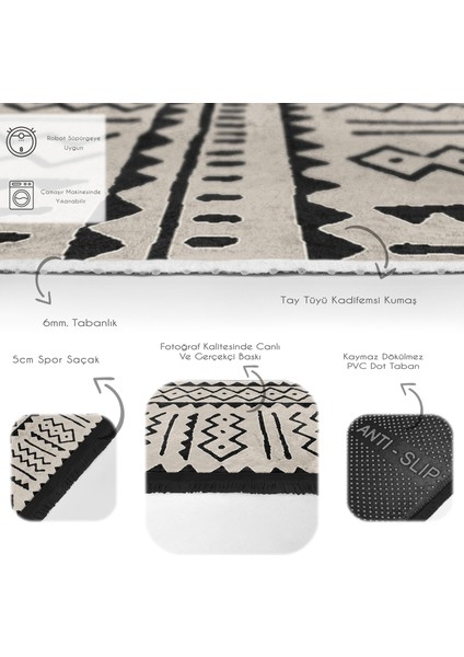 Siyah - Bej Zeminde Etnik Motifli Antik Desenli Etnik Motifler Geometrik Koridor & Antre Salon & Oturma Odası Dijital Baskılı Makinede Yıkanabilir Kaymaz Taban Saçaklı Halı