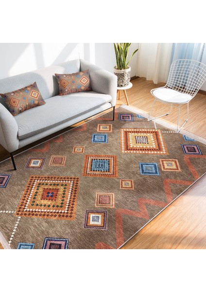 Kahverengi Zeminde Tribal Motifli Kilim Desenli Etnik Motifler Geometrik Koridor & Antre Dış Mekan & Outdoor Dijital Baskılı Makinede Yıkanabilir Kaymaz Taban Saçaklı Halı modelleri