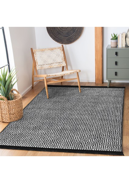 Siyah - Gri Zeminde Geometrik Motifli Klasik Desenli Geometrik Klasik Ofis Salon & Oturma Odası Dijital Baskılı Makinede Yıkanabilir Kaymaz Taban Saçaklı Halı fiyatları