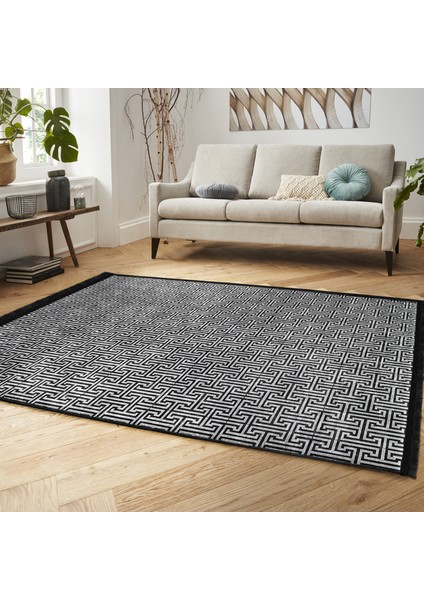 Siyah - Gri Zeminde Geometrik Motifli Klasik Desenli Geometrik Klasik Ofis Salon & Oturma Odası Dijital Baskılı Makinede Yıkanabilir Kaymaz Taban Saçaklı Halı modelleri