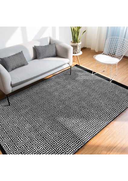 Siyah - Gri Zeminde Geometrik Motifli Klasik Desenli Geometrik Klasik Ofis Salon & Oturma Odası Dijital Baskılı Makinede Yıkanabilir Kaymaz Taban Saçaklı Halı indirimleri