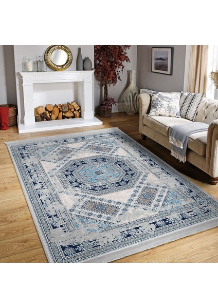 Mavi Zeminde Dokuma Halı Motifli Geleneksel Desenli Vintage Eskitme Motifli Salon & Oturma Odası Dış Mekan & Outdoor Dijital Baskılı Makinede Yıkanabilir Kaymaz Taban Saçaklı Halı