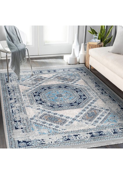 Mavi Zeminde Dokuma Halı Motifli Geleneksel Desenli Vintage Eskitme Motifli Salon & Oturma Odası Dış Mekan & Outdoor Dijital Baskılı Makinede Yıkanabilir Kaymaz Taban Saçaklı Halı fiyatları