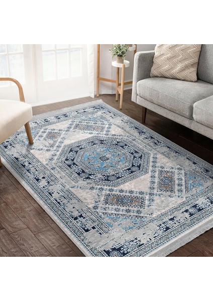 Mavi Zeminde Dokuma Halı Motifli Geleneksel Desenli Vintage Eskitme Motifli Salon & Oturma Odası Dış Mekan & Outdoor Dijital Baskılı Makinede Yıkanabilir Kaymaz Taban Saçaklı Halı indirimleri