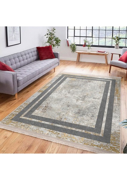 Gri - Krem Zeminde Çerçeveli Motifli Kanvas Desenli Sade & Şık Geometrik Salon & Oturma Odası Yatak Odası Dijital Baskılı Makinede Yıkanabilir Kaymaz Taban Saçaklı Halı modelleri