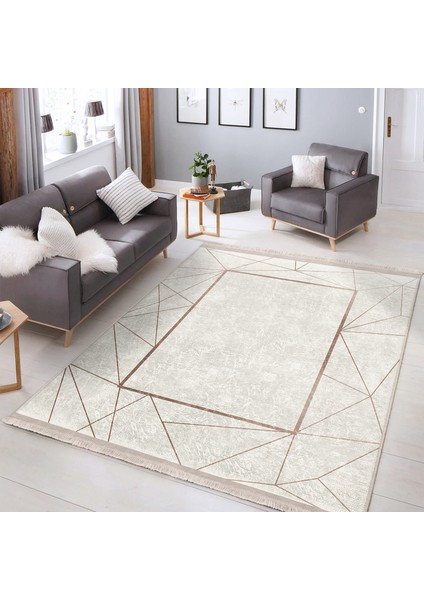 Krem - Gold Zeminde Çerçeveli Motifli Klasik Desenli Geometrik Sade & Şık Mutfak Yatak Odası Dijital Baskılı Makinede Yıkanabilir Kaymaz Taban Saçaklı Halı