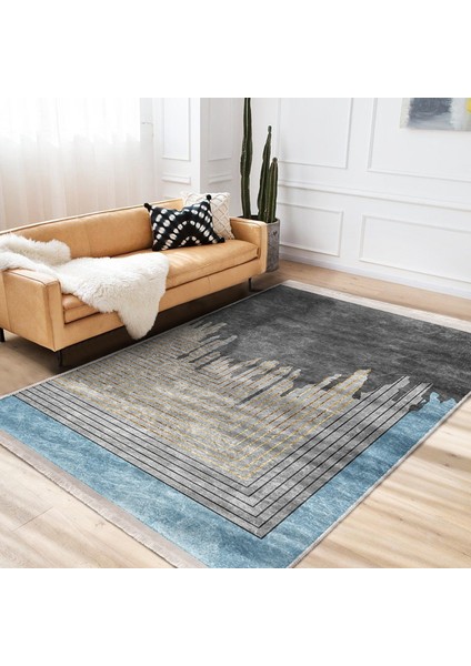 Altın - Gri Zeminde Eskitme Motifli Geometrik Desenli Eskitme Motifli Geometrik Salon & Oturma Odası Banyo Dijital Baskılı Makinede Yıkanabilir Kaymaz Taban Saçaklı Halı
