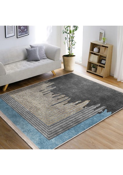 Altın - Gri Zeminde Eskitme Motifli Geometrik Desenli Eskitme Motifli Geometrik Salon & Oturma Odası Banyo Dijital Baskılı Makinede Yıkanabilir Kaymaz Taban Saçaklı Halı modelleri