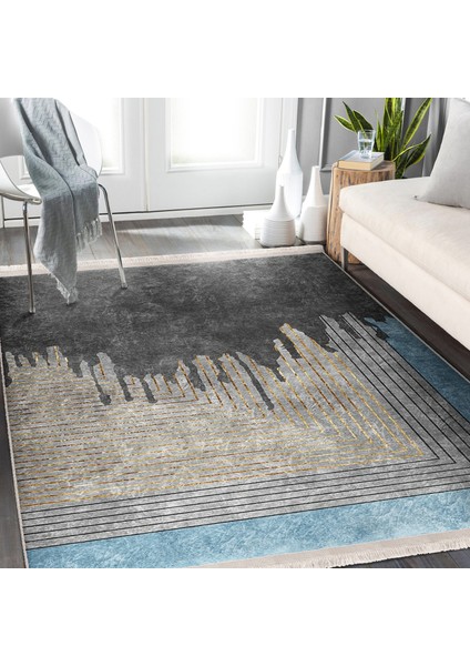 Altın - Gri Zeminde Eskitme Motifli Geometrik Desenli Eskitme Motifli Geometrik Salon & Oturma Odası Banyo Dijital Baskılı Makinede Yıkanabilir Kaymaz Taban Saçaklı Halı indirimleri