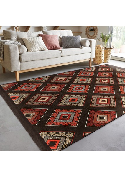 Kahverengi Zeminde Geleneksel Motifli Kilim Desenli Geometrik Etnik Motifler Koridor & Antre Dış Mekan & Outdoor Dijital Baskılı Makinede Yıkanabilir Kaymaz Taban Saçaklı Halı