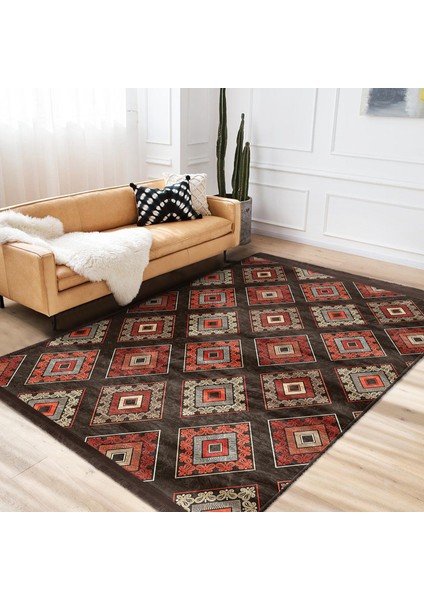 Kahverengi Zeminde Geleneksel Motifli Kilim Desenli Geometrik Etnik Motifler Koridor & Antre Dış Mekan & Outdoor Dijital Baskılı Makinede Yıkanabilir Kaymaz Taban Saçaklı Halı fiyatları