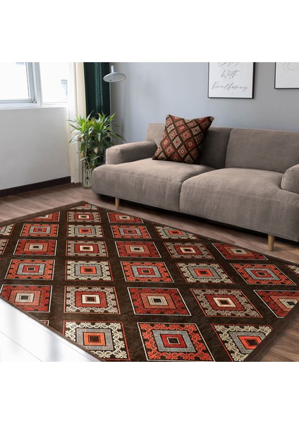 Kahverengi Zeminde Geleneksel Motifli Kilim Desenli Geometrik Etnik Motifler Koridor & Antre Dış Mekan & Outdoor Dijital Baskılı Makinede Yıkanabilir Kaymaz Taban Saçaklı Halı modelleri