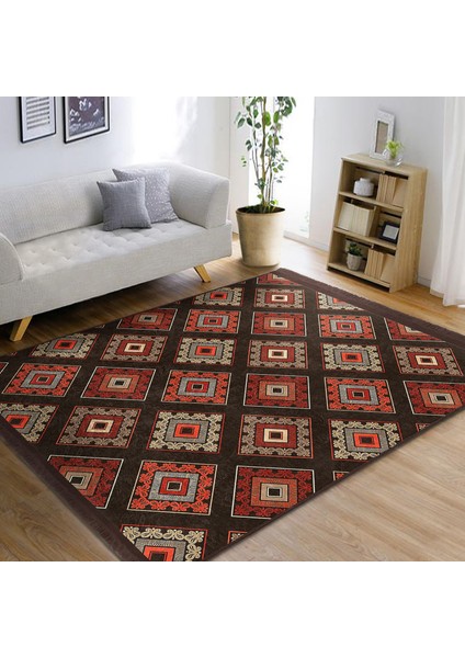 Kahverengi Zeminde Geleneksel Motifli Kilim Desenli Geometrik Etnik Motifler Koridor & Antre Dış Mekan & Outdoor Dijital Baskılı Makinede Yıkanabilir Kaymaz Taban Saçaklı Halı indirimleri