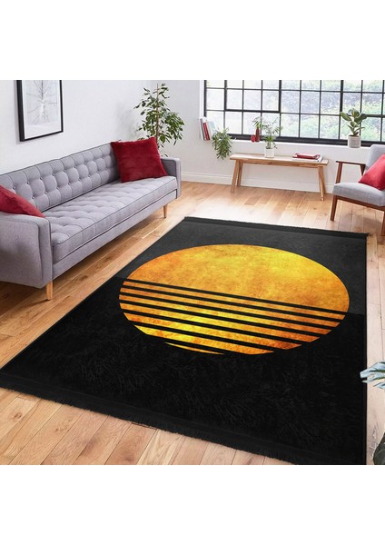Gold - Siyah Zeminde Kanvas Motifli Güneş Desenli Modern Geometrik Salon & Oturma Odası Dış Mekan & Outdoor Dijital Baskılı Makinede Yıkanabilir Kaymaz Taban Saçaklı Halı modelleri