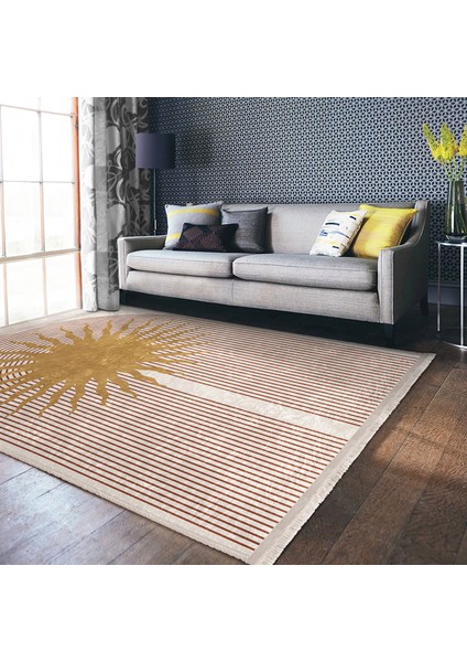 Beyaz - Krem Zeminde Mistik Motifli Bohem Desenli Geometrik Bohem Dış Mekan & Outdoor Banyo Dijital Baskılı Makinede Yıkanabilir Kaymaz Taban Saçaklı Halı