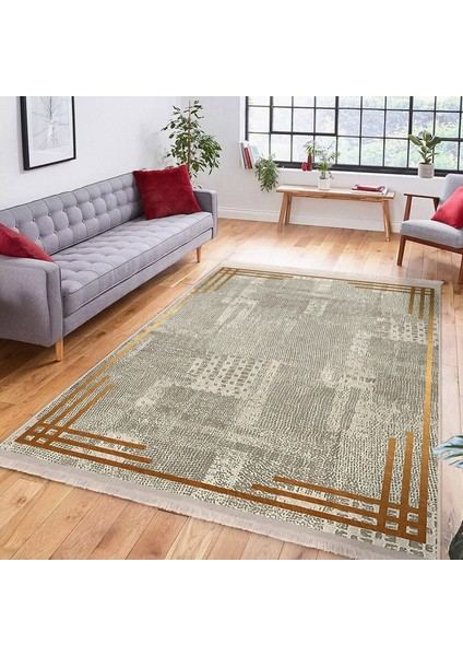 Krem - Gold Zeminde Çerçeveli Motifli Kilim Desenli Geometrik Sade & Şık Salon & Oturma Odası Yatak Odası Dijital Baskılı Makinede Yıkanabilir Kaymaz Taban Saçaklı Halı