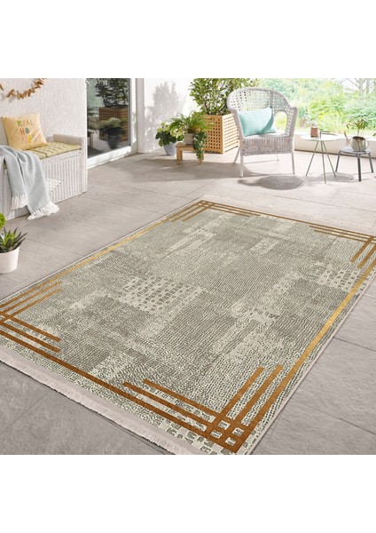 Krem - Gold Zeminde Çerçeveli Motifli Kilim Desenli Geometrik Sade & Şık Salon & Oturma Odası Yatak Odası Dijital Baskılı Makinede Yıkanabilir Kaymaz Taban Saçaklı Halı fiyatları