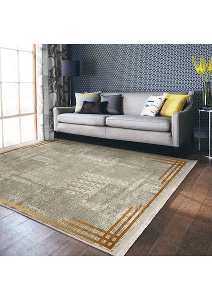Krem - Gold Zeminde Çerçeveli Motifli Kilim Desenli Geometrik Sade & Şık Salon & Oturma Odası Yatak Odası Dijital Baskılı Makinede Yıkanabilir Kaymaz Taban Saçaklı Halı modelleri