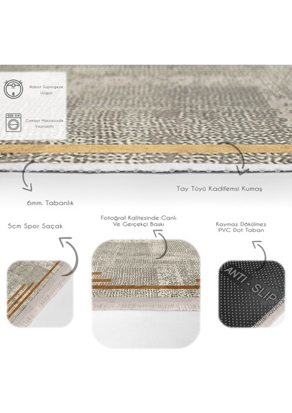 Krem - Gold Zeminde Çerçeveli Motifli Kilim Desenli Geometrik Sade & Şık Salon & Oturma Odası Yatak Odası Dijital Baskılı Makinede Yıkanabilir Kaymaz Taban Saçaklı Halı fırsatları