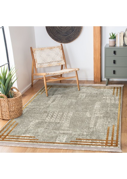 Krem - Gold Zeminde Çerçeveli Motifli Kilim Desenli Geometrik Sade & Şık Salon & Oturma Odası Yatak Odası Dijital Baskılı Makinede Yıkanabilir Kaymaz Taban Saçaklı Halı indirimleri
