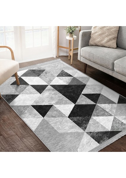 Siyah - Beyaz Zeminde Geometrik Motifli Mermer Desenli Geometrik Sade & Şık Koridor & Antre Banyo Dijital Baskılı Makinede Yıkanabilir Kaymaz Taban Saçaklı Halı