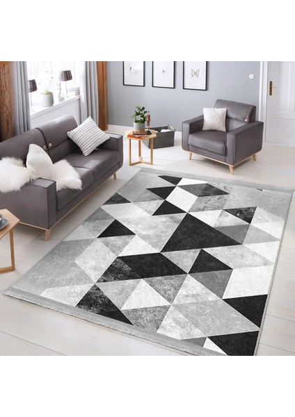 Siyah - Beyaz Zeminde Geometrik Motifli Mermer Desenli Geometrik Sade & Şık Koridor & Antre Banyo Dijital Baskılı Makinede Yıkanabilir Kaymaz Taban Saçaklı Halı