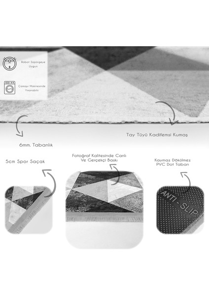 Siyah - Beyaz Zeminde Geometrik Motifli Mermer Desenli Geometrik Sade & Şık Koridor & Antre Banyo Dijital Baskılı Makinede Yıkanabilir Kaymaz Taban Saçaklı Halı
