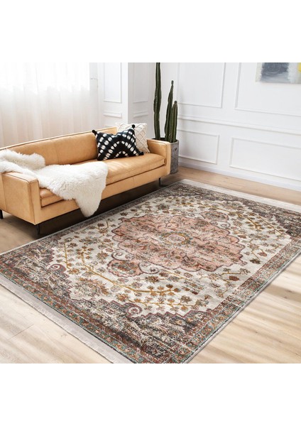 Krem - Çok Renkli Zeminde Uşak Motifli Dokuma Halı Desenli Avangarde Vintage Salon & Oturma Odası Dış Mekan & Outdoor Dijital Baskılı Makinede Yıkanabilir Kaymaz Taban Saçaklı Halı