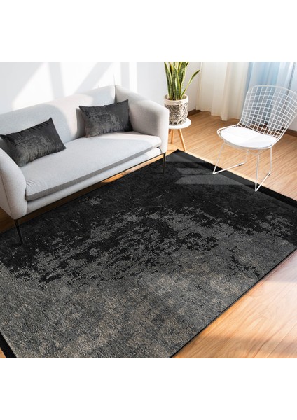 Siyah - Füme Zeminde Eskitme Motifli Antik Desenli Eskitme Motifli Vintage Salon & Oturma Odası Dış Mekan & Outdoor Dijital Baskılı Makinede Yıkanabilir Kaymaz Taban Saçaklı Halı