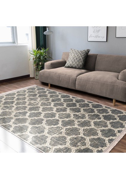 Krem Zeminde Morrocan Motifli Otantik Desenli Geometrik Vintage Salon & Oturma Odası Koridor & Antre Dijital Baskılı Makinede Yıkanabilir Kaymaz Taban Saçaklı Halı